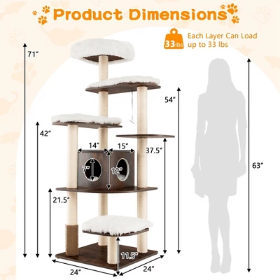Costway Wooden Cat Tree 71'' 7-Layer Cat Tower With Sisal Scratching Posts Perch & Cushions Brown/Natural 9 Costway Wooden Cat Tree 71'' 7-Layer Cat Tower With Sisal Scratching Posts Perch & Cushions Brown/Natural - Image 9