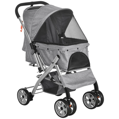 PawHut Travel Pet Stroller For Dogs, Cats, One-Click Fold Jogger Pushchair With Swivel Wheels, Brakes, Basket Storage, Safety Belts, Adjustable Canopy, Zippered Mesh Window Door 7 PawHut Travel Pet Stroller For Dogs, Cats, One-Click Fold Jogger Pushchair With Swivel Wheels, Brakes, Basket Storage, Safety Belts, Adjustable Canopy, Zippered Mesh Window Door - Image 7