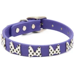 Buckle-Down Vegan Leather Dog Collar - Disney Purple With Silver Cast Minnie Mouse Bow Embellishments