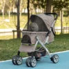 PawHut Travel Pet Stroller For Dogs, Cats, One-Click Fold Jogger Pushchair With Swivel Wheels, Brakes, Basket Storage, Safety Belts, Adjustable Canopy, Zippered Mesh Window Door
