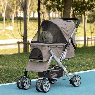 PawHut Travel Pet Stroller For Dogs, Cats, One-Click Fold Jogger Pushchair With Swivel Wheels, Brakes, Basket Storage, Safety Belts, Adjustable Canopy, Zippered Mesh Window Door 1 PawHut Travel Pet Stroller For Dogs, Cats, One-Click Fold Jogger Pushchair With Swivel Wheels, Brakes, Basket Storage, Safety Belts, Adjustable Canopy, Zippered Mesh Window Door