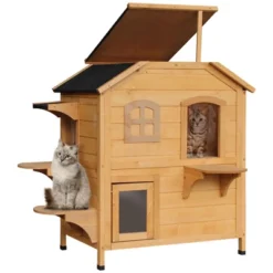 PawHut Wooden 2-Story Outdoor Cat House, Feral Cat Shelter Kitten Condo With Escape Door, Openable Asphalt Roof And 4 Platforms -PawHut Store GUEST 0a84fa86 3e50 4614 875a fb6d19d619ed