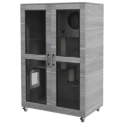 PawHut Cat House With Cat Tree Kitty Cage With Scratching Posts Condo Wheels Flap Door, 31.5" X 20" X 48.5" -PawHut Store GUEST 0b815eaf 902a 4639 8b5f a98240bbd0bd