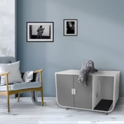 Teamson Pets Large Dyad Wooden Cat Litter Box Enclosure And Side Table, Alpine White/Gray -PawHut Store GUEST 0f22c79c ac3e 4a22 a576 3b540858d970
