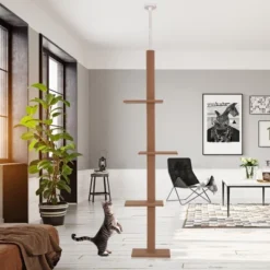 PawHut Floor To Ceiling Cat Tree Cat Climbing Tower With Sisal-Covered Scratching Posts Natural Cat Tree Activity Center For Kittens