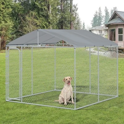 PawHut Outdoor Metal Dog Kennel, Pet Playpen With Steel Lock, Mesh Sidewalls And Cover For Backyard & Patio 2 PawHut Outdoor Metal Dog Kennel, Pet Playpen With Steel Lock, Mesh Sidewalls And Cover For Backyard & Patio - Image 2