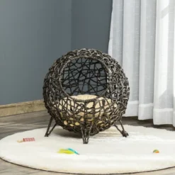 PawHut 20.5" Rattan Cat Bed, Kitten House, Elevated Round Condo For Comfort And Circulation With Cushion, Round Design -PawHut Store GUEST 1404d4c3 40a8 47ea 80f1 c52681d30e56