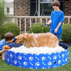 PawHut Foldable PVC Dog Bath Pool Portable Kiddie Swimming Pool, Outdoor/Indoor Bath Tub With Nonslip Bottom For Dogs & Cats, Blue