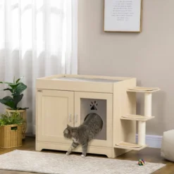 PawHut 3-in-1 Cat Litter Box Enclosure & Elevated Cat Bed Tree With Scratching Posts For Large & Small Kitties, Hidden Cat Litter Cabinet