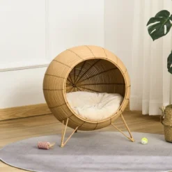 PawHut 20.5" Rattan Cat Bed, Wicker Elevated Round Condo For Comfort And Circulation With Cushion