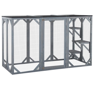 PawHut Wooden Outdoor Cat House Catio Kitten Enclosure Indoor Cage With Asphalt Roof, Multi-Level Platforms And Large Enter Door - 71"L 7 PawHut Wooden Outdoor Cat House Catio Kitten Enclosure Indoor Cage With Asphalt Roof, Multi-Level Platforms And Large Enter Door - 71"L - Image 7
