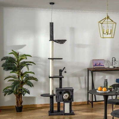 PawHut 106" Huge Cat Tree Kitty Activity Center Floor-to-Ceiling Cat Climbing Toy With Scratching Post Board Hammock Hanging Ball Dark Gray 1 PawHut 106" Huge Cat Tree Kitty Activity Center Floor-to-Ceiling Cat Climbing Toy With Scratching Post Board Hammock Hanging Ball Dark Gray