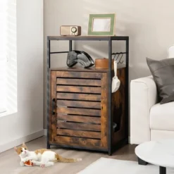 Costway Cat Litter Box Enclosure With Louvered Door& 3-Tier Shelf Cat House Side Table