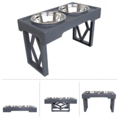 Elevated Dog Bowls Stand - Adjusts To 3 Heights For Small, Medium, And Large Pets - Stainless-Steel Dog Bowls Hold 34oz Each By PETMAKER (Gray)