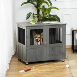 PawHut Dog Crate Furniture, Wooden End Table Furniture With Cushion & Lockable Magnetic Doors, Small Size Pet Kennel Indoor Animal Cage