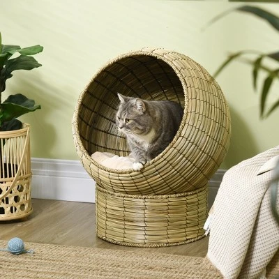 PawHut Cat Basket Bed With Cat Egg Chair Shape, Woven Elevated Cat Bed Kitty House, Raised Wicker Cat Bed For Indoor Cats, 20" Dia. X 23.5" H, Yellow 2 PawHut Cat Basket Bed With Cat Egg Chair Shape, Woven Elevated Cat Bed Kitty House, Raised Wicker Cat Bed For Indoor Cats, 20" Dia. X 23.5" H, Yellow - Image 2