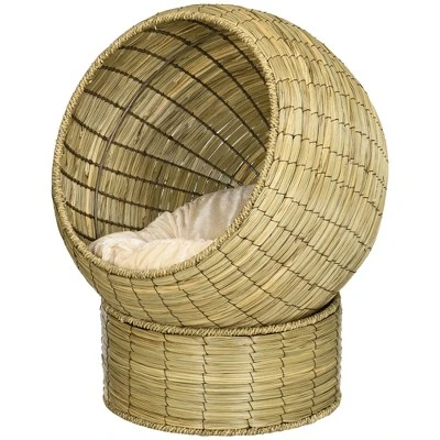 PawHut Cat Basket Bed With Cat Egg Chair Shape, Woven Elevated Cat Bed Kitty House, Raised Wicker Cat Bed For Indoor Cats, 20" Dia. X 23.5" H, Yellow 3 PawHut Cat Basket Bed With Cat Egg Chair Shape, Woven Elevated Cat Bed Kitty House, Raised Wicker Cat Bed For Indoor Cats, 20" Dia. X 23.5" H, Yellow - Image 3
