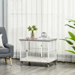 PawHut Dog Crate Furniture, Wooden End Table With Cushion & Lockable Door, Medium Size Pet Crate Indoor Puppy Cage, Gray