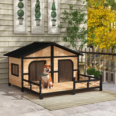 PawHut 59"x64"x39" Wood Large Dog House Cabin Style Elevated Pet Shelter W/Porch Deck 2 PawHut 59"x64"x39" Wood Large Dog House Cabin Style Elevated Pet Shelter W/Porch Deck - Image 2