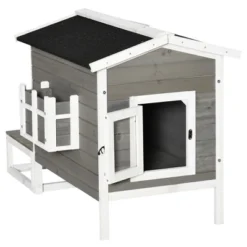 PawHut Wooden Wooden Cat House Feral Cat Shelter Kitten Condo With Escape Door, Porch And Flower Stand - Dark Gray/White 9 PawHut Wooden Wooden Cat House Feral Cat Shelter Kitten Condo With Escape Door, Porch And Flower Stand - Dark Gray/White -PawHut Store GUEST 32269f00 abe7 432e 8984 7b574f077aa3