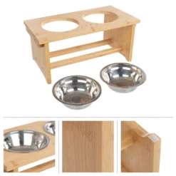 Elevated Dog Bowls With Stand - 7-Inch Nonslip Bamboo Dog Feeder With 2 Stainless-Steel Dog Bowls - Hold 20oz Each And Dishwasher Safe By PETMAKER