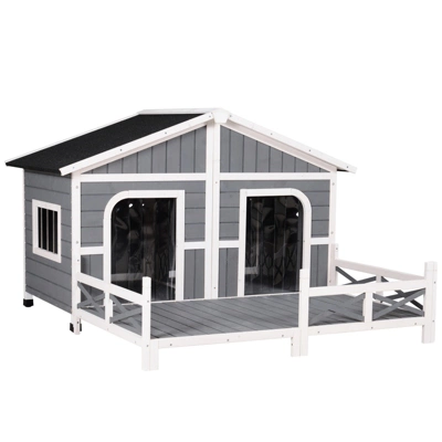 PawHut 59"x64"x39" Wood Large Dog House Cabin Style Elevated Pet Shelter W/Porch Deck 9 PawHut 59"x64"x39" Wood Large Dog House Cabin Style Elevated Pet Shelter W/Porch Deck - Image 9
