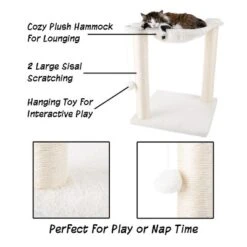 Pet Adobe Cat Tree And Scratcher - Hammock-Style Cat Lounging Bed And Interactive Hanging Toy - 15.75", White