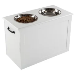 Elevated Dog Bowls With Storage - 16-Inch-Tall Feeding Tray With Hidden Storage Space For Pet Supplies - 50oz Capacity Bowls By PETMAKER (White) -PawHut Store GUEST 361b6182 223a 47bb 99d7 aa3402c620c0