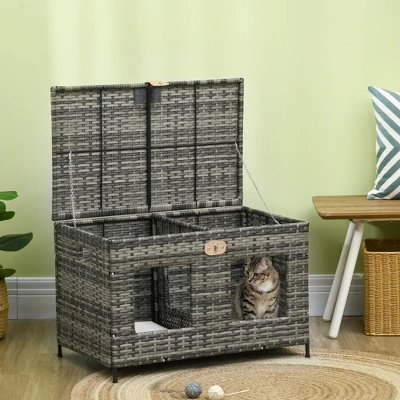 PawHut Rattan Cat Bed With Removable Divider, Double-Room Wicker Cat Beds For Indoor Cats, Pet Furniture For 2 Cats, Cushions, Outdoor Indoor, Gray 1 PawHut Rattan Cat Bed With Removable Divider, Double-Room Wicker Cat Beds For Indoor Cats, Pet Furniture For 2 Cats, Cushions, Outdoor Indoor, Gray
