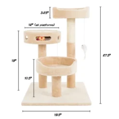 3-Tier Cat Tree - 2 Carpeted Napping Perches, Sisal Rope Scratching Post, Hanging Mouse, And Interactive Cheese Wheel Toy By PETMAKER (Tan And Brown)