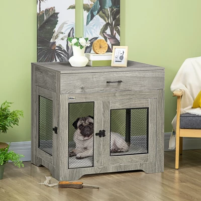 PawHut Dog Crate Furniture With Soft Water-Resistant Cushion, Dog Crate End Table With Drawer, Puppy Crate For Small Dogs Indoor With 2 Doors 2 PawHut Dog Crate Furniture With Soft Water-Resistant Cushion, Dog Crate End Table With Drawer, Puppy Crate For Small Dogs Indoor With 2 Doors - Image 2