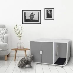 Teamson Pets Large Dyad Wooden Cat Litter Box Enclosure And Side Table, Alpine White/Gray