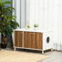 PawHut Cat Litter Box Enclosure Hidden Cat Furniture Cabinet Indoor, End Table With Adjustable Shelf Magnetic Door, White