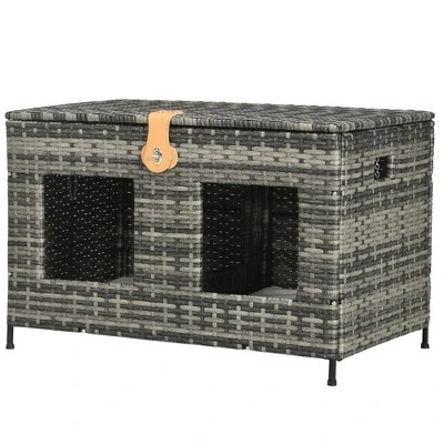 PawHut Rattan Cat Bed With Removable Divider, Double-Room Wicker Cat Beds For Indoor Cats, Pet Furniture For 2 Cats, Cushions, Outdoor Indoor, Gray 3 PawHut Rattan Cat Bed With Removable Divider, Double-Room Wicker Cat Beds For Indoor Cats, Pet Furniture For 2 Cats, Cushions, Outdoor Indoor, Gray - Image 3
