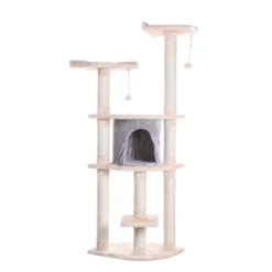 Armarkat 64" Real Wood Cat Tree With Scractch Sisal Post, Soft-side Playhouse, A6401, Almond
