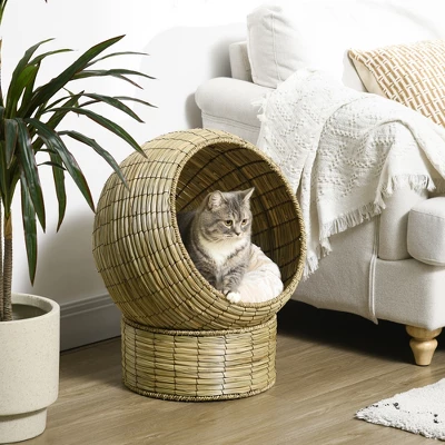 PawHut Cat Basket Bed With Cat Egg Chair Shape, Woven Elevated Cat Bed Kitty House, Raised Wicker Cat Bed For Indoor Cats, 20" Dia. X 23.5" H, Yellow 1 PawHut Cat Basket Bed With Cat Egg Chair Shape, Woven Elevated Cat Bed Kitty House, Raised Wicker Cat Bed For Indoor Cats, 20" Dia. X 23.5" H, Yellow