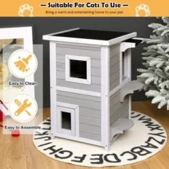 Costway 2-Tier Wooden Cat House Outdoor Kitty Shelter W/ Escape Door Rainproof -PawHut Store GUEST 59800f0d a79a 438a b453 3efded092849