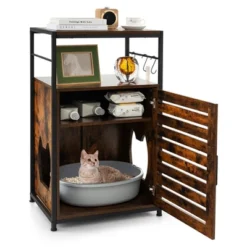 Costway Cat Litter Box Enclosure With Louvered Door& 3-Tier Shelf Cat House Side Table -PawHut Store GUEST 5b1c6e14 8732 4a14 9465 ac33f2bf6ad6