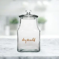 Amici Pet "Stay Wild" Glass Canister Square Jar, Dog And Cat Food Storage Container, Food Safe, Airtight Lid With Handle And Plastic Gasket, 52 Oz.