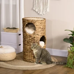 PawHut Elevated Cat Bed With Three Hideaways & Four Soft Plush Cushions, Cat Tower With Hand-Woven Materials, Multi-Layer Raised Kitten Bed Caves