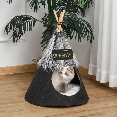 PawHut Pet Teepee Tent Cat Bed Dog House With Thick Cushion Chalkboard For Kitten And Puppy Up To 13lbs 28inch Gray 2 PawHut Pet Teepee Tent Cat Bed Dog House With Thick Cushion Chalkboard For Kitten And Puppy Up To 13lbs 28inch Gray - Image 2
