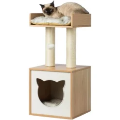 Cat Tree Play House Condo Cube Cave, Platform, Scratcher Post And Ball Toy
