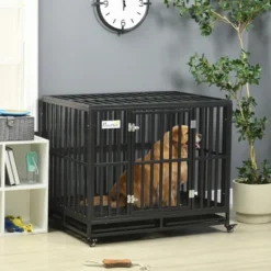 PawHut Heavy Duty Dog Cage Metal Kennel And Crate Dog Playpen With Lockable Wheels, Slide-out Tray And Anti-Pinching Floor