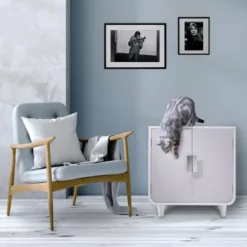 Teamson Pets Dyad Mid Century Wooden Cat Litter Box Cabinet And Side Table, Alpine White