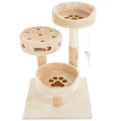 3-Tier Cat Tree - 2 Carpeted Napping Perches, Sisal Rope Scratching Post, Hanging Mouse, And Interactive Cheese Wheel Toy By PETMAKER (Tan And Brown) -PawHut Store GUEST 77f9dee7 dde9 4819 882b 430ab15fc2da