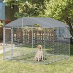 PawHut Outdoor Metal Dog Kennel, Pet Playpen With Steel Lock, Mesh Sidewalls And Cover For Backyard & Patio