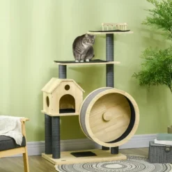 PawHut 56" Cat Tree Activity Condo Luxury Pine Wood With Hamster-Wheel, Sisal Scratching Posts, Elevated Perches, & Roomy Interior