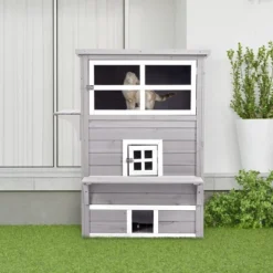 PawHut 3-Story Cat House Feral Cat Shelter, Outdoor Kitten Condo With Raised Floor, Asphalt Roof, Escape Doors, Jumping Platforms