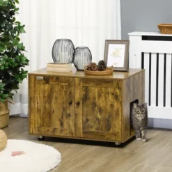 PawHut Rustic Farmhouse Cat Litter Box Furniture With Double Doors, Hidden Kitty Litter Enclosure Table, Darkness & Privacy, Wooden Pet End Table