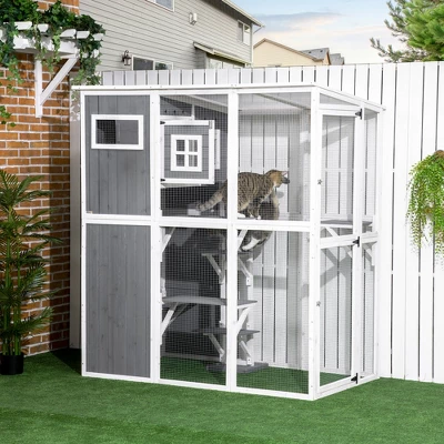 PawHut Walk-in Catio Outdoor Cat Enclosure, 7 Perches & Divided Den, Outdoor Cat House Weatherproof, Cat Shelter Kitty House Cat Cage, Cat Gift, Gray 2 PawHut Walk-in Catio Outdoor Cat Enclosure, 7 Perches & Divided Den, Outdoor Cat House Weatherproof, Cat Shelter Kitty House Cat Cage, Cat Gift, Gray - Image 2